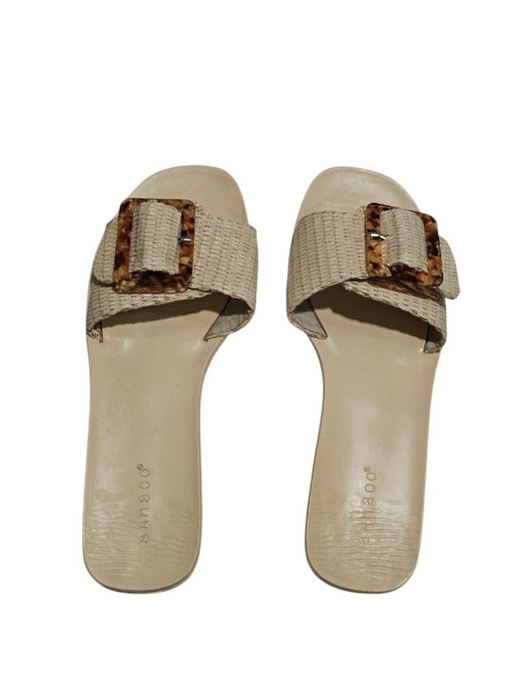 Bamboo Women Size 8 Slide Sandal Beige Woven Raffia Buckle Statement Boho Summer - Picture 4 of 6